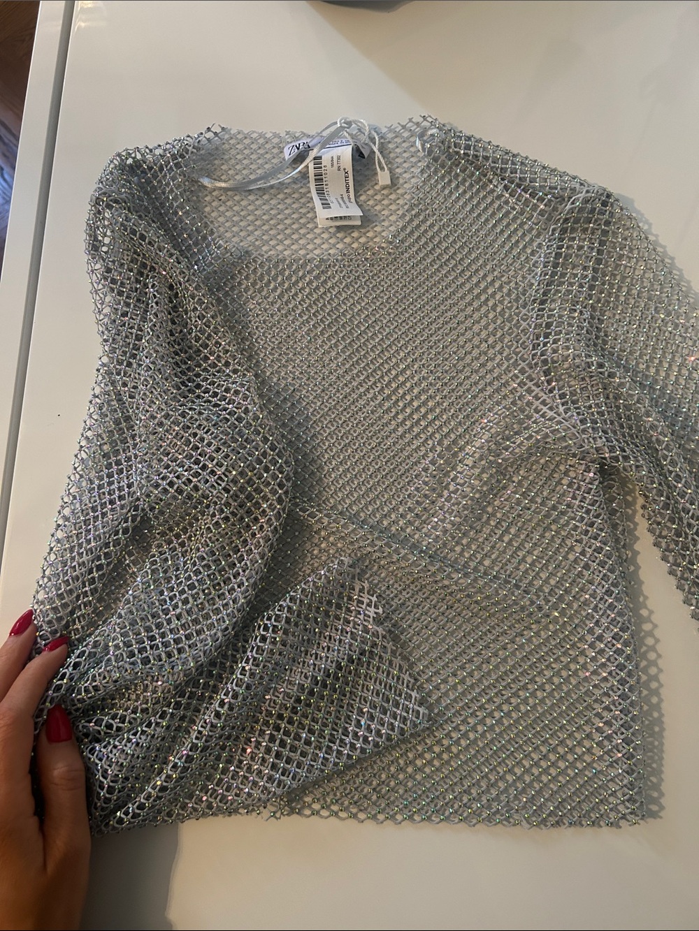 Zara Metallic Silver Mesh Long Sleeve Top